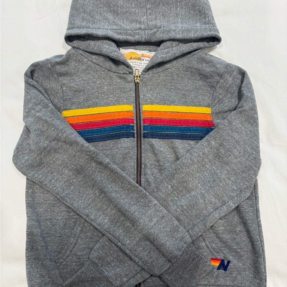 Aviator Nation Women’s Gray Hoodie with Rainbow Stripes